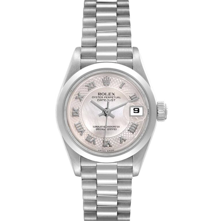 Silver Rolex Datejust 69166 watch with a metal link band, pink dial, Roman numerals, and date window at 3 o’clock.