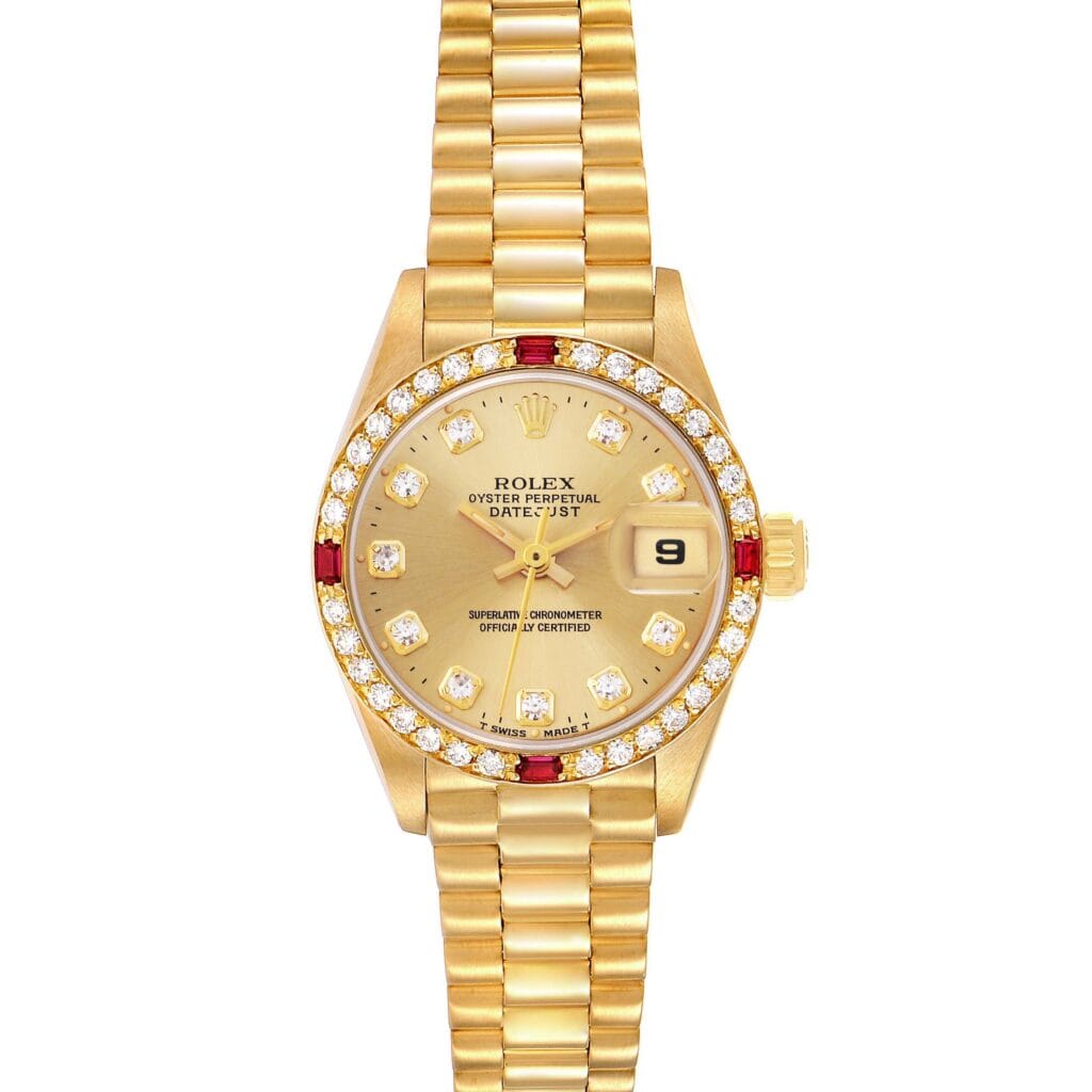 Gold Rolex Datejust 69068 watch with diamond hour markers, a date window, and a gold link bracelet—a true luxury watch for refined tastes.
