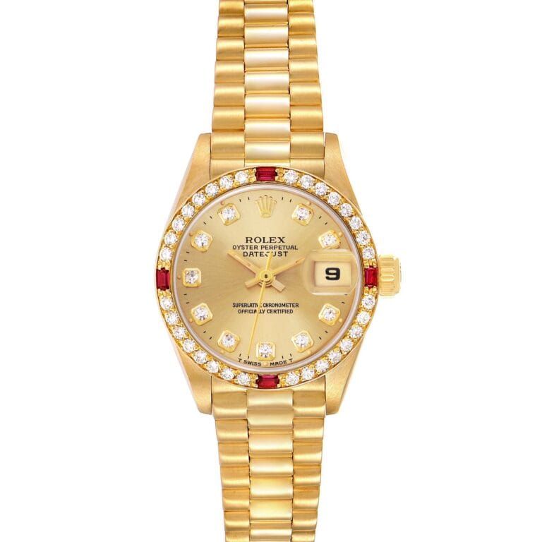 Gold Rolex Datejust 69068 watch with diamond hour markers, a date window, and a gold link bracelet—a true luxury watch for refined tastes.
