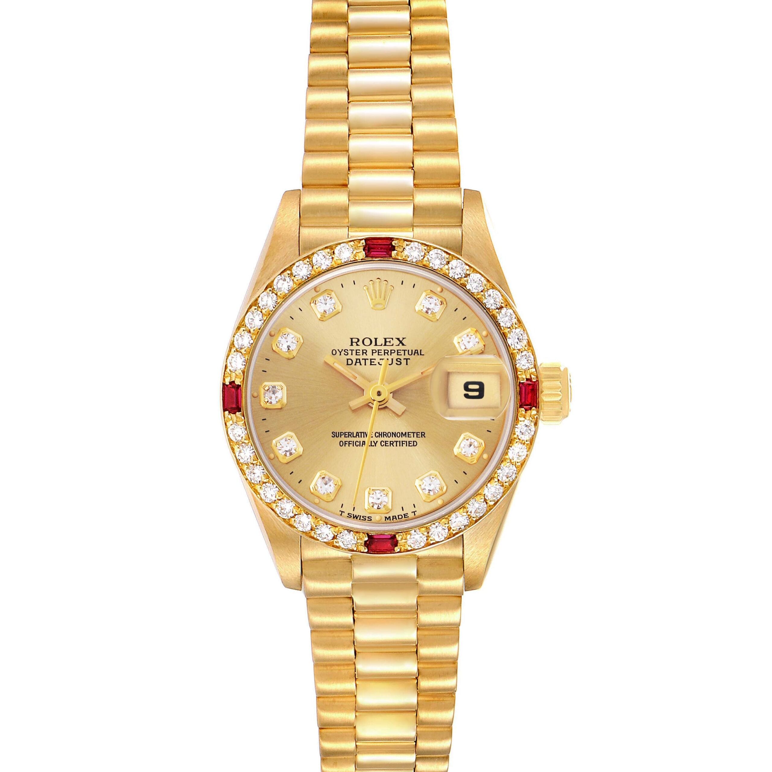 Gold Rolex Datejust 69068 watch with diamond hour markers, a date window, and a gold link bracelet—a true luxury watch for refined tastes.