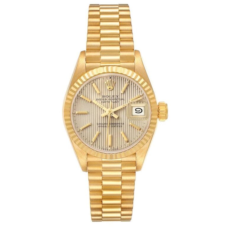 Gold Rolex Datejust wristwatch model 69178 with a patterned dial, date window, and linked bracelet band displayed on a white background.