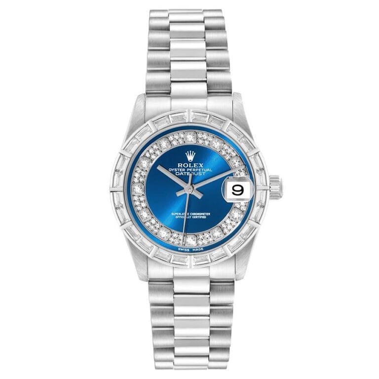 Silver Rolex Datejust watch with a blue dial, diamond markers, and date display on a silver metal bracelet. Model 78266.