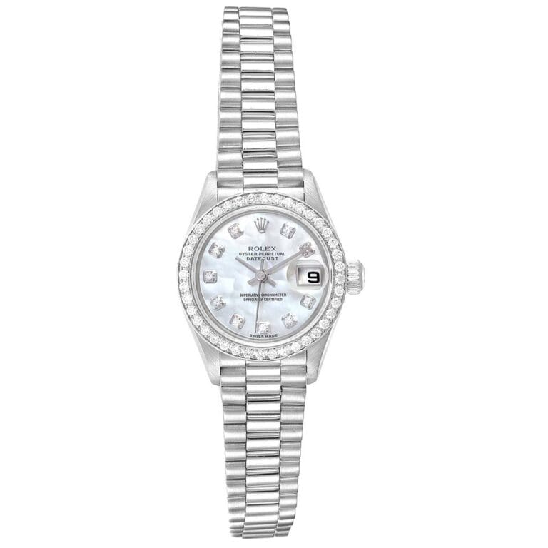 Silver Rolex Datejust 79136 watch featuring diamond hour markers, a mother-of-pearl dial, and a sleek metal link bracelet.