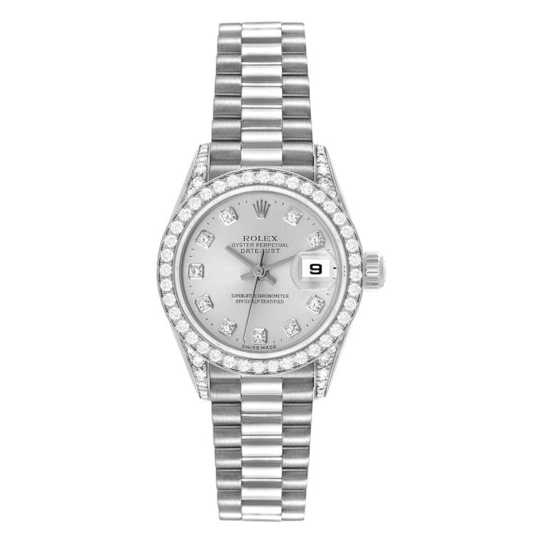 A silver Rolex Datejust watch with a diamond bezel and markers, metal link band, and a date display on the right.