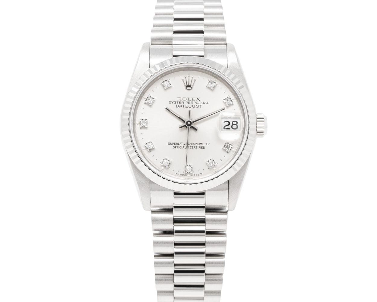 A silver Rolex Datejust 68279 watch with a white dial, diamond hour markers, and a metal link bracelet.