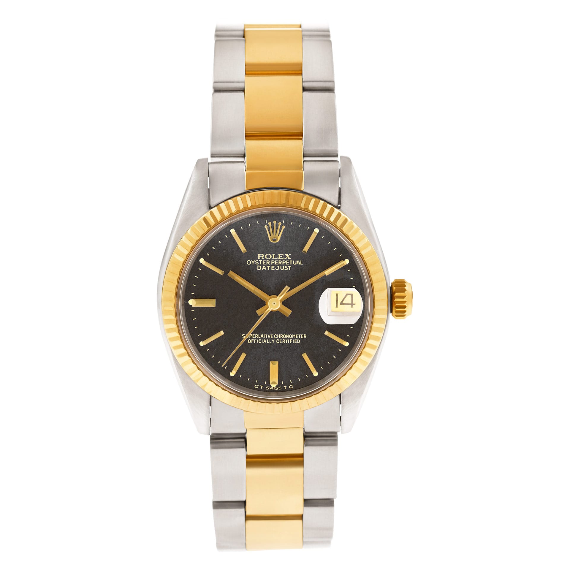 A stunning Rolex Datejust 6826 watch featuring a gold and silver band, sleek black dial, and date window at 3 o’clock.