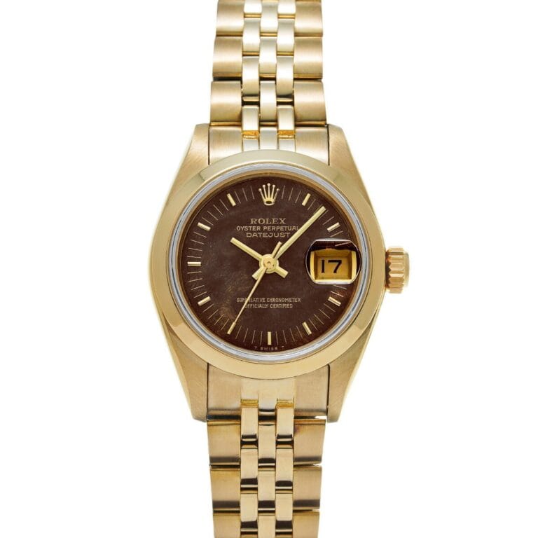 Gold Rolex Datejust 69168 watch featuring a brown dial, Jubilee bracelet, and date display set to the 17th.