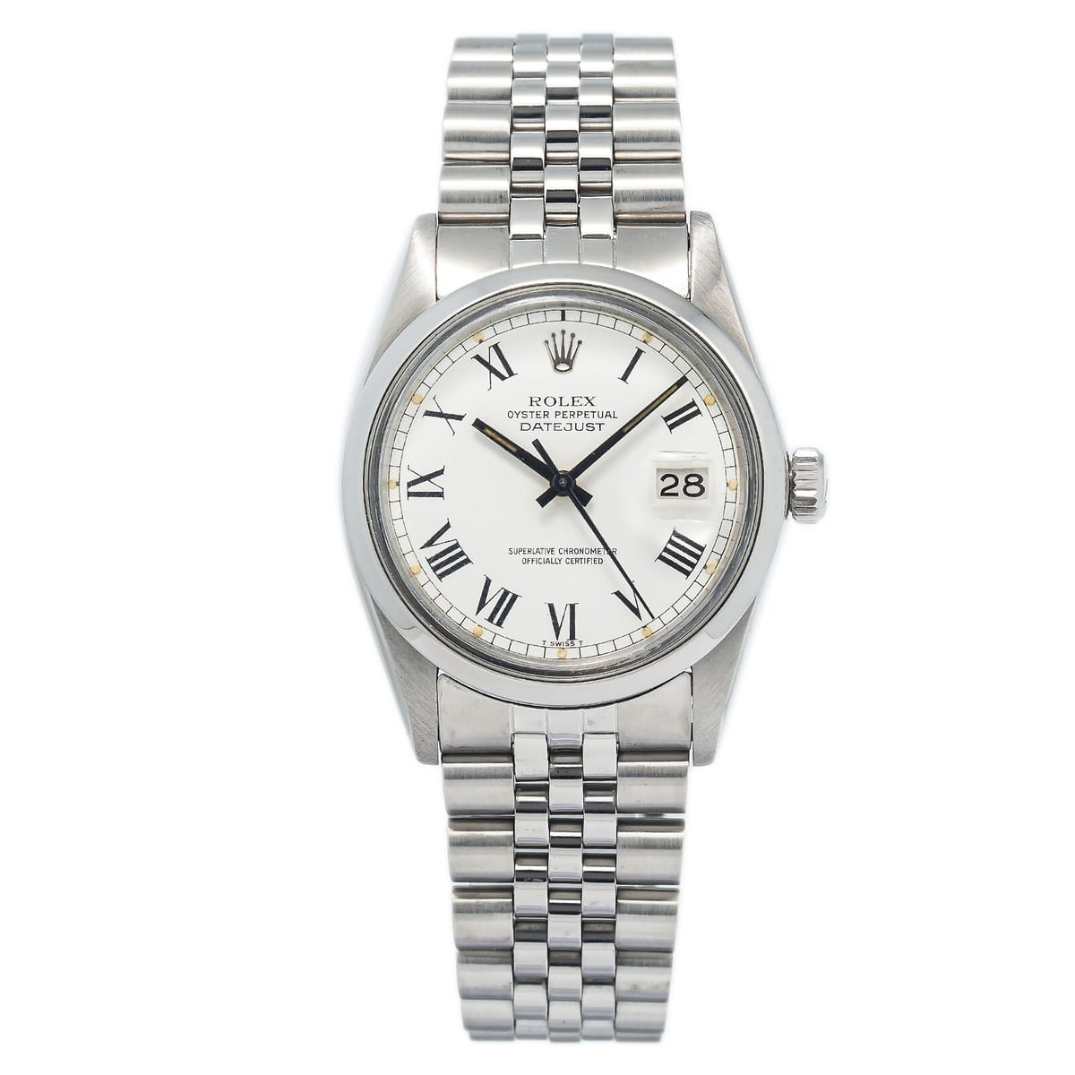 Silver Rolex Datejust 16000 watch with a white face, Roman numerals, and a date window, on a metal link bracelet.