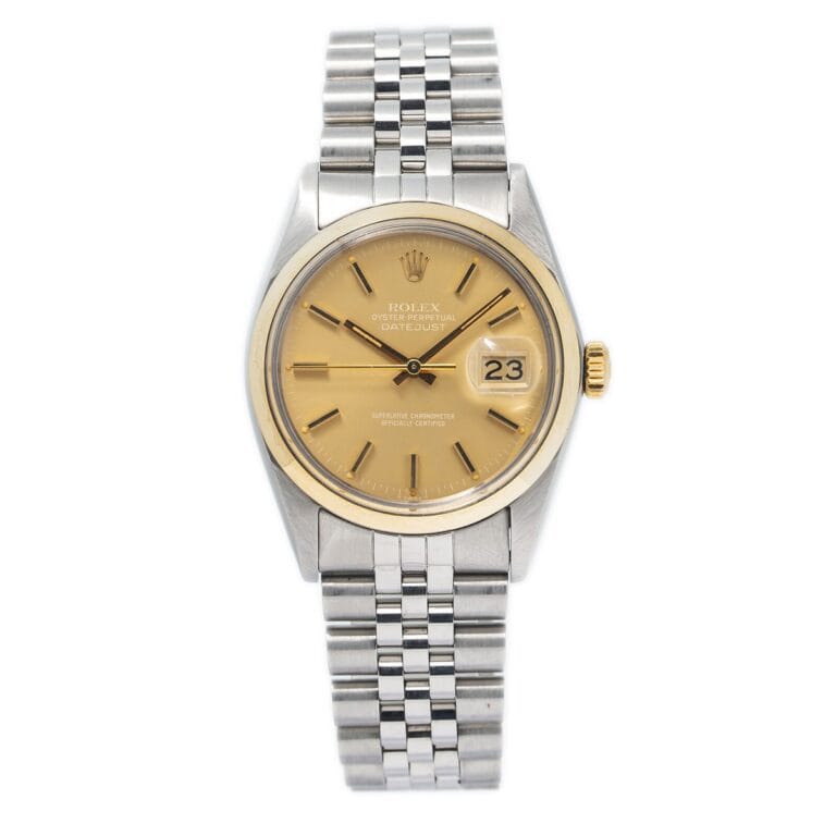 Silver Rolex Datejust wristwatch with a gold dial, date window, and metal link bracelet, showcased against a white background.