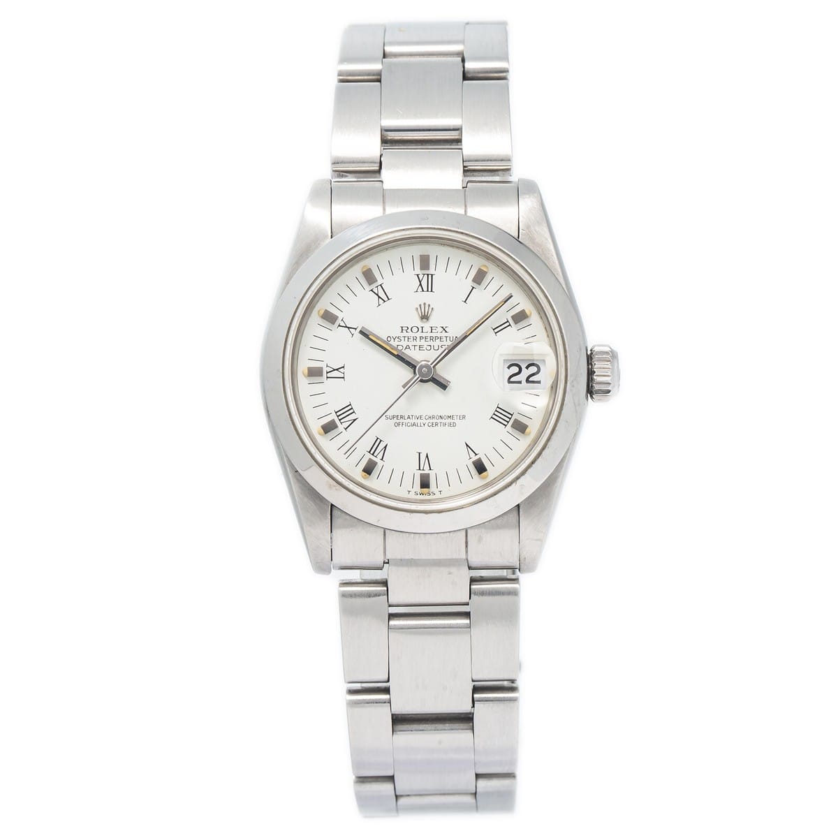 Silver Rolex Datejust 68240 wristwatch with a white face, Roman numerals, and a date window at the 3 o’clock position.