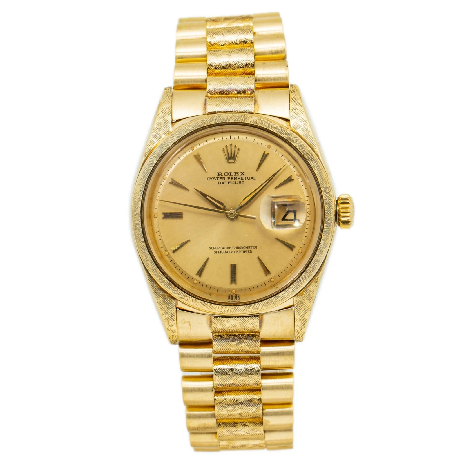 A gold Rolex Datejust 1602 wristwatch with a matching bracelet and a date display at the 3 o’clock position.