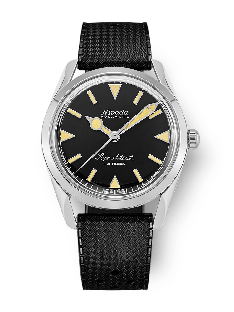 A black Nivada Grenchen Super Antarctic wristwatch with a silver case, yellow markers, and a textured black strap. Model: 35013M01.