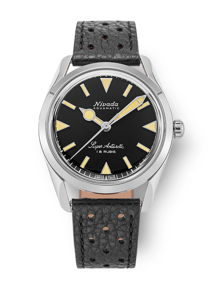 A Nivada Grenchen Super Antarctic wristwatch, model 35013M40, featuring a black dial with yellow markers and a perforated black leather strap.