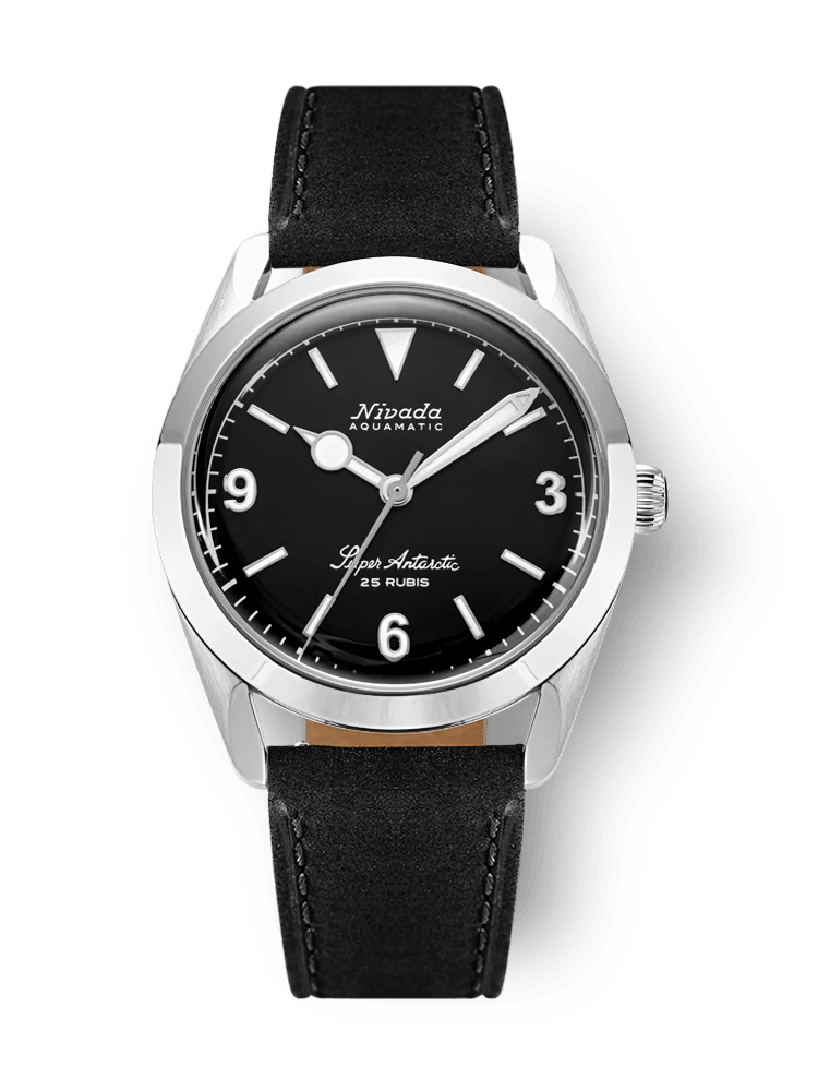 A black Nivada Grenchen Aquamatic 32039A17 wristwatch with a silver case and black leather strap, inspired by the iconic Super Antarctic, displayed on a white background.