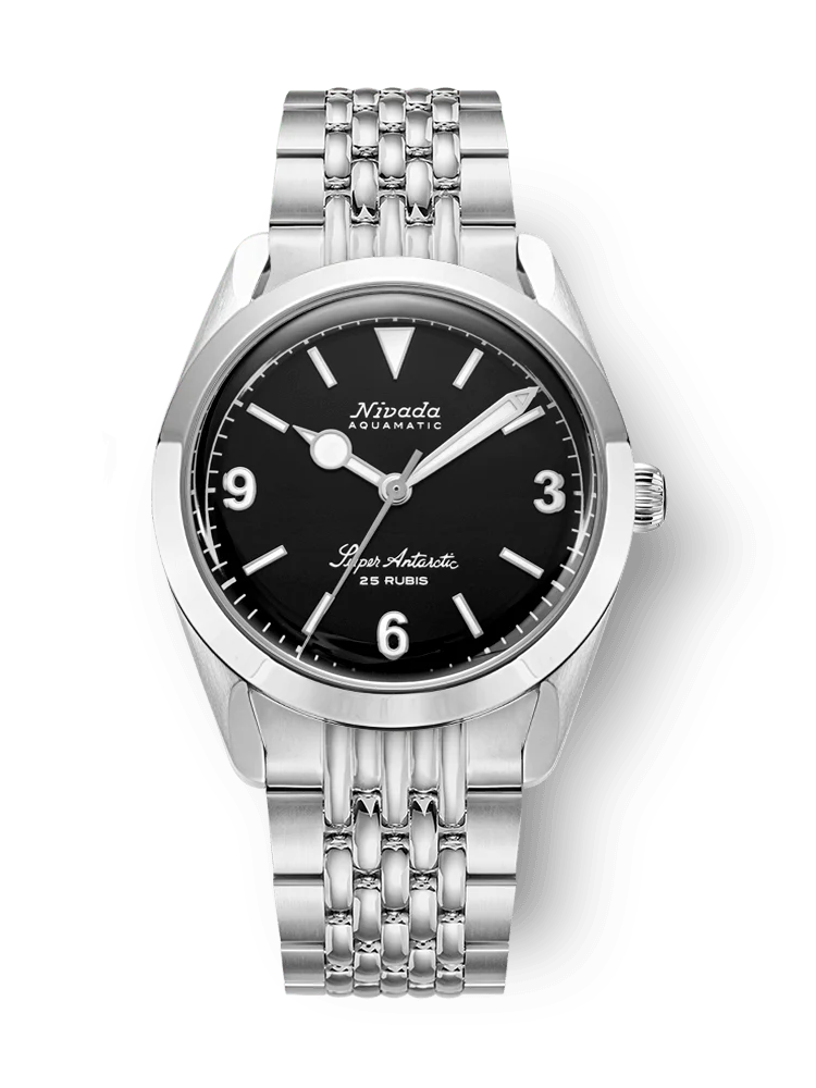 Silver Nivada Grenchen Super Antarctic wristwatch, model 32039A04, featuring a black dial, silver hour markers, and a sleek metal link bracelet.