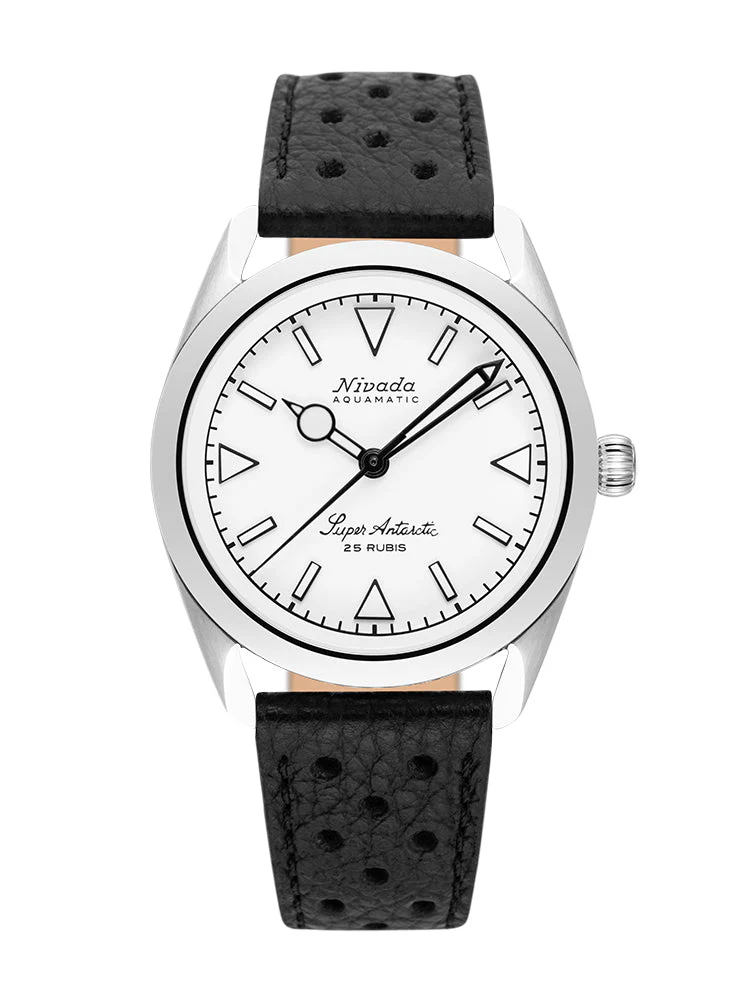 A Nivada Grenchen Super Antarctic wristwatch, model 32065A10, featuring a white dial, black markers, and a classic black leather strap.