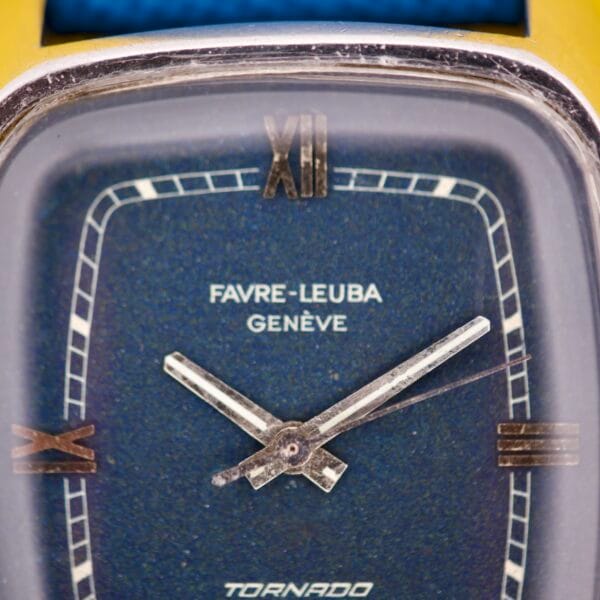 Close-up of the Favre Leuba Tornado Blue Dial Automatic Date watch, displaying the time at 1:10.