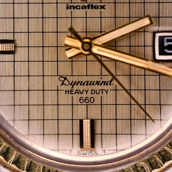 Close-up of the Wyler Dynawind Heavy Duty 660 Life Guard watch face, featuring gold hands and a grid pattern background, highlighting its robust durability.