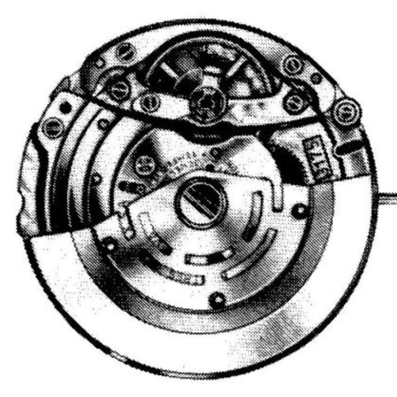 Black and white diagram of a mechanical clutch assembly, partially cut away to show internal components.