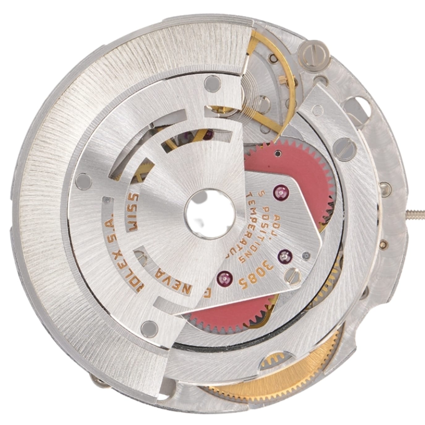 Close-up of a mechanical watch movement showing gears, cogs, and metal components.