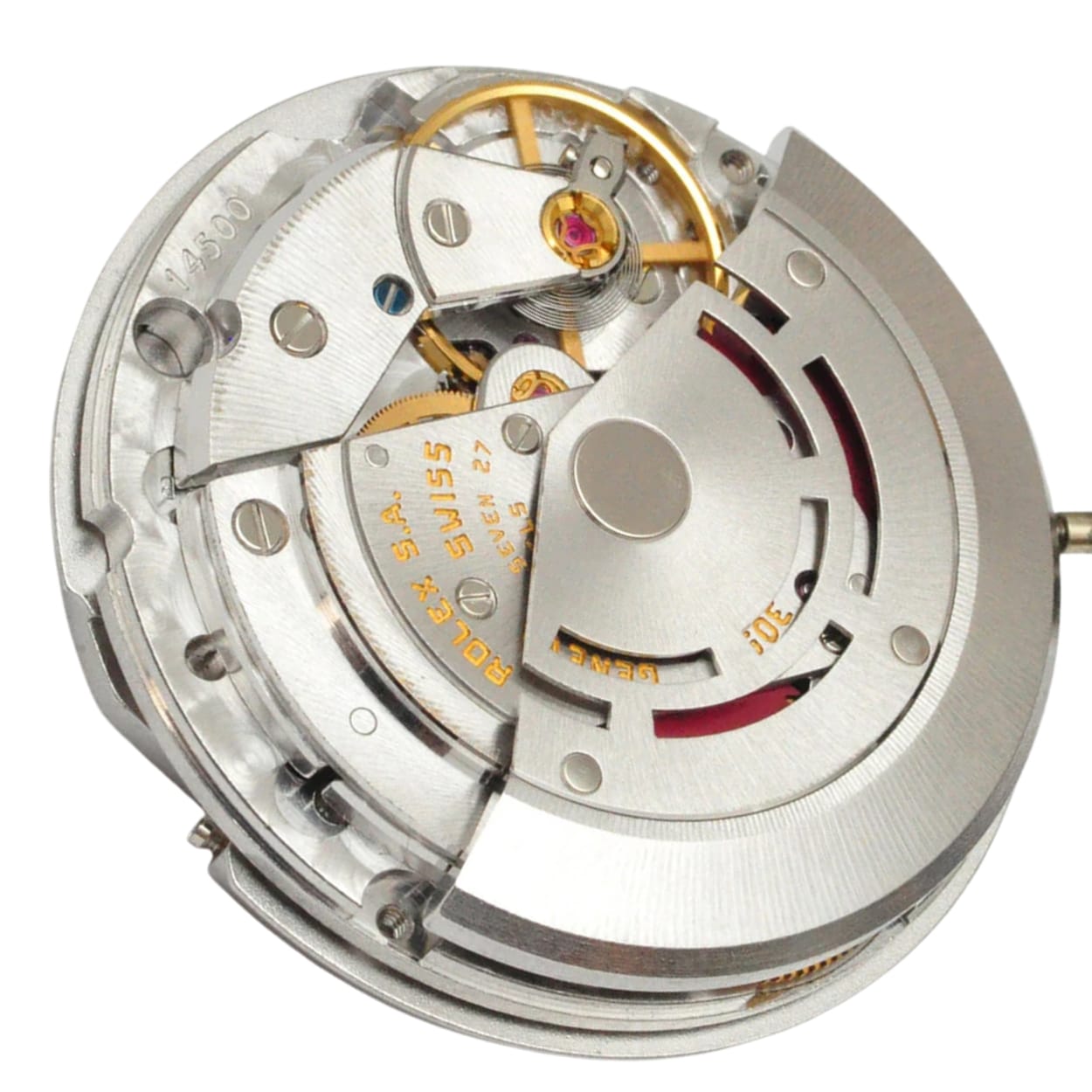 Close-up of a mechanical watch movement with visible gears and intricate metal components.