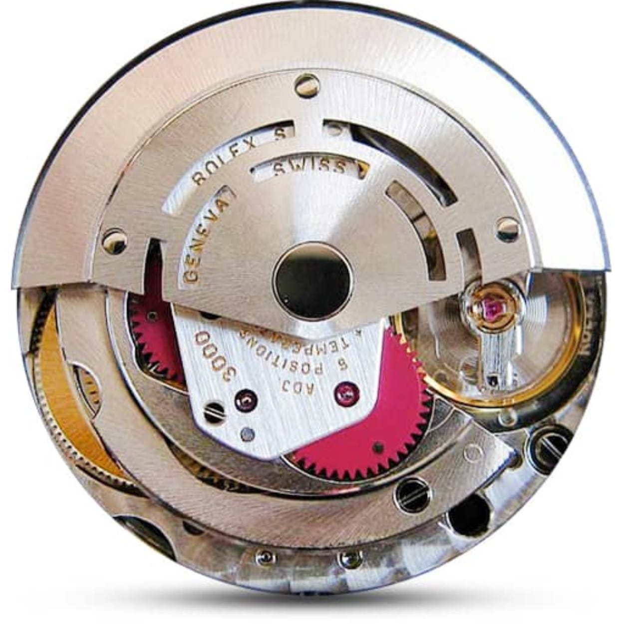 Close-up of a Rolex watch movement showing gears, metal parts, and engraved text.