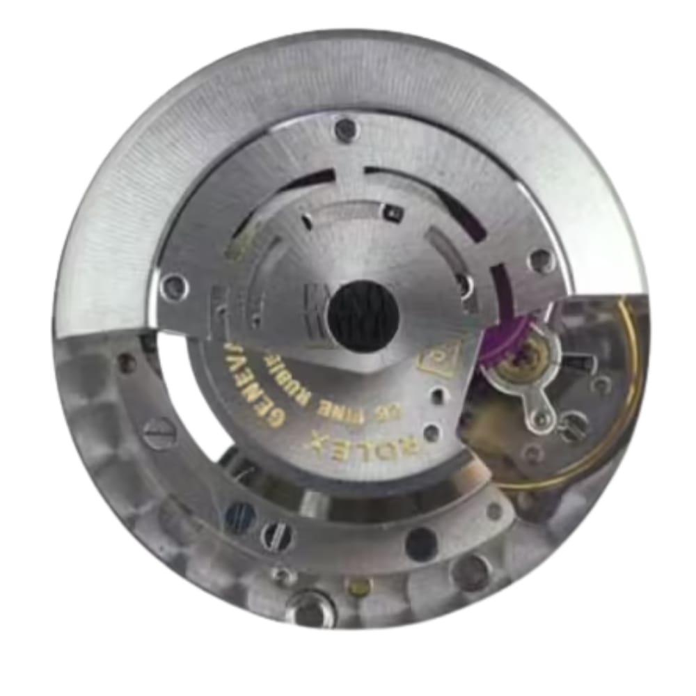 Close-up of a Rolex watch movement mechanism with visible gears and engraved text.