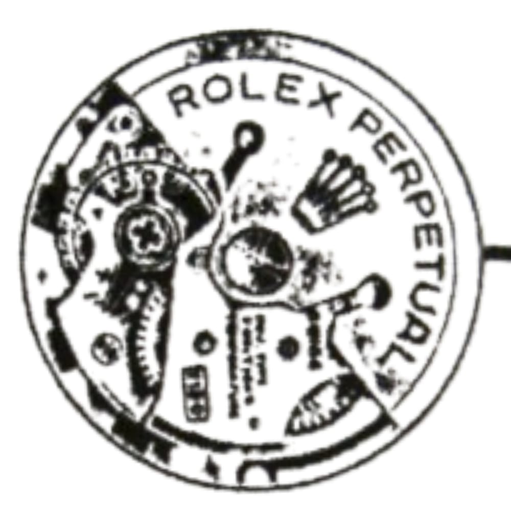 Black and white illustration of a Rolex Perpetual watch movement with gears and the Rolex crown logo.