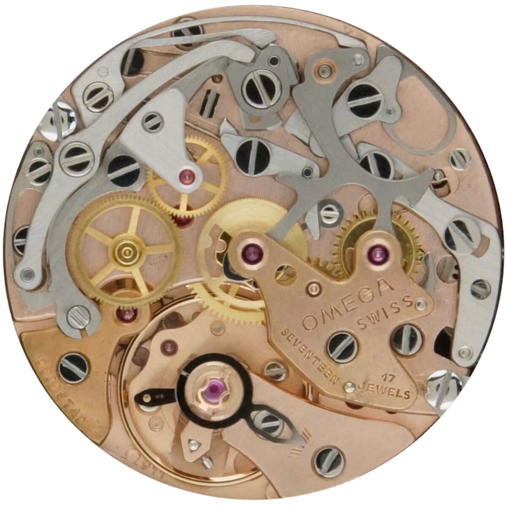 Close-up of a mechanical watch movement with visible gears, levers, and engraved Omega Swiss plate.