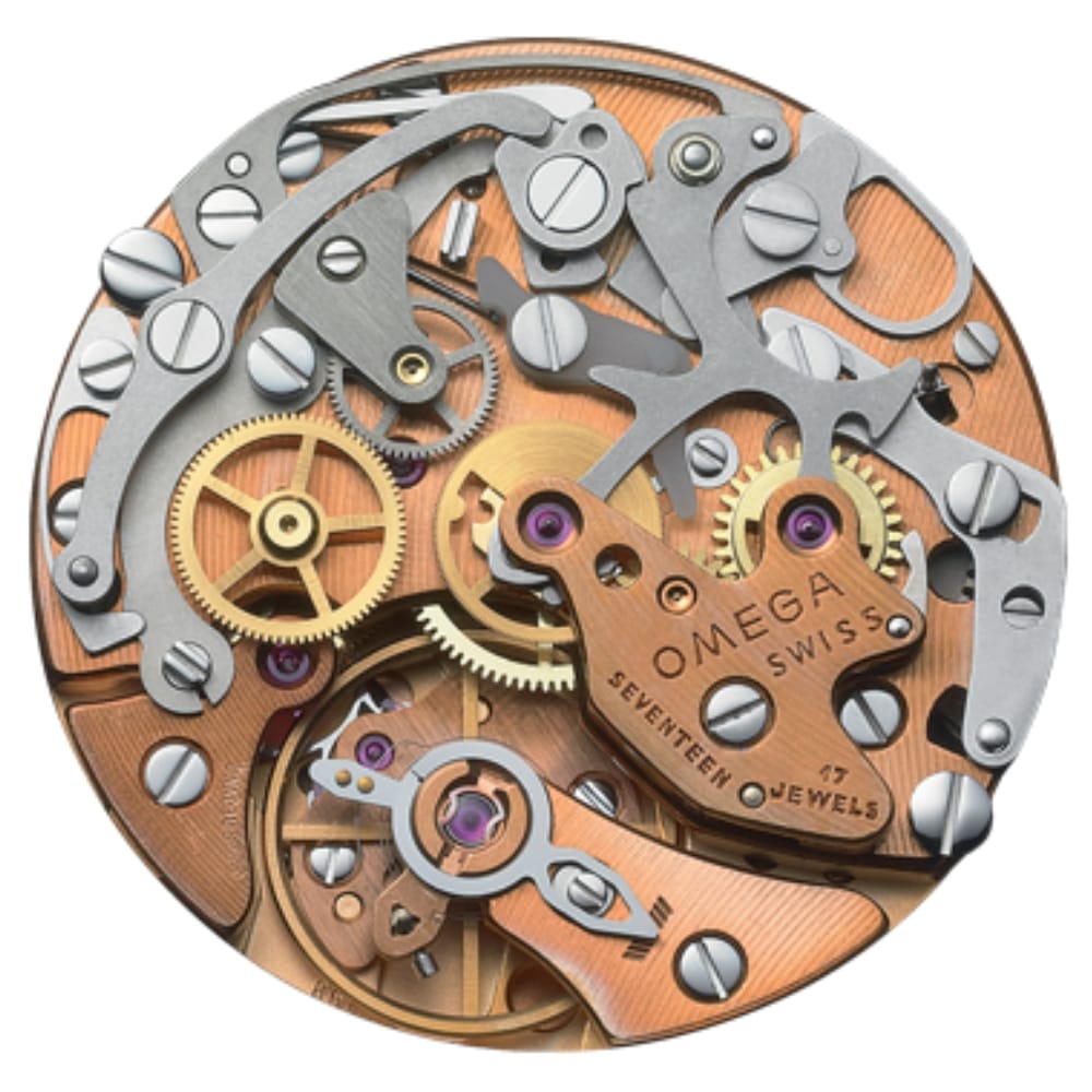 Close-up of intricate Omega watch movement with gears, screws, and engraved metal parts visible.