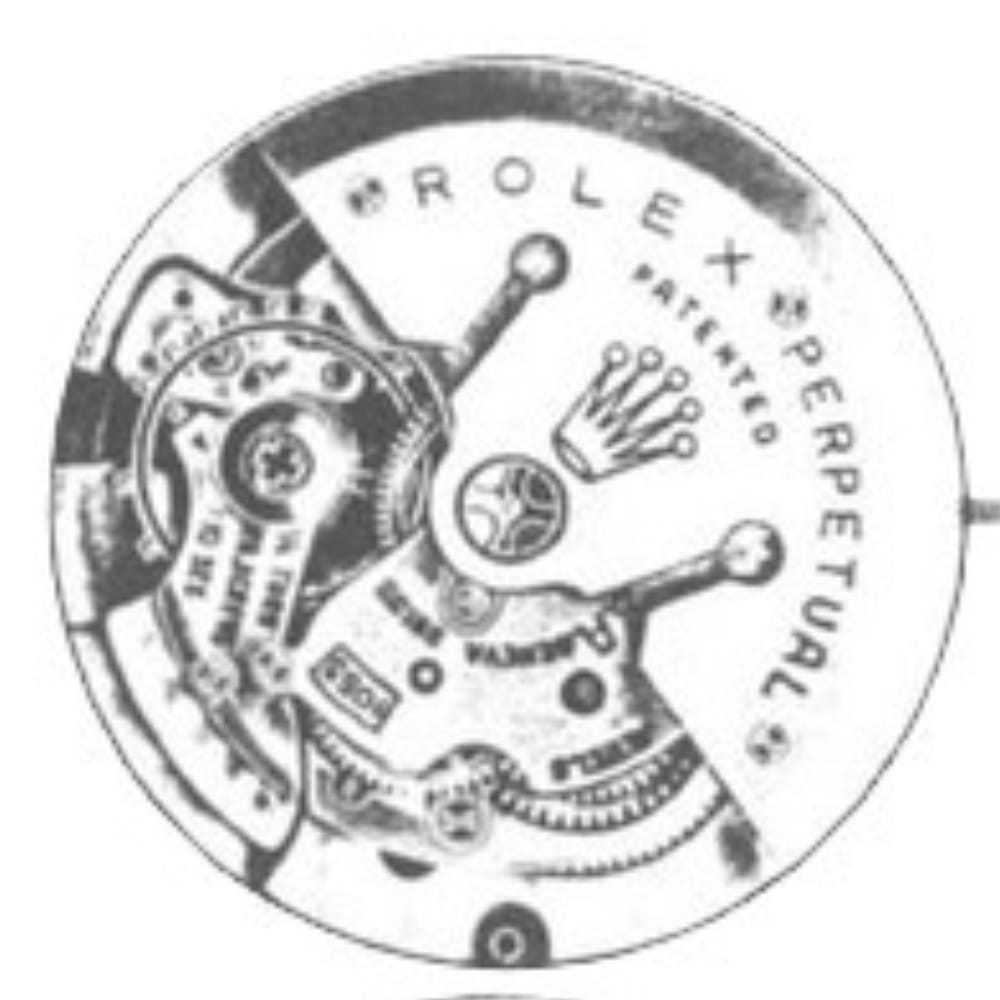 Black and white diagram of a Rolex Perpetual watch movement, showing gears and the Rolex crown logo.