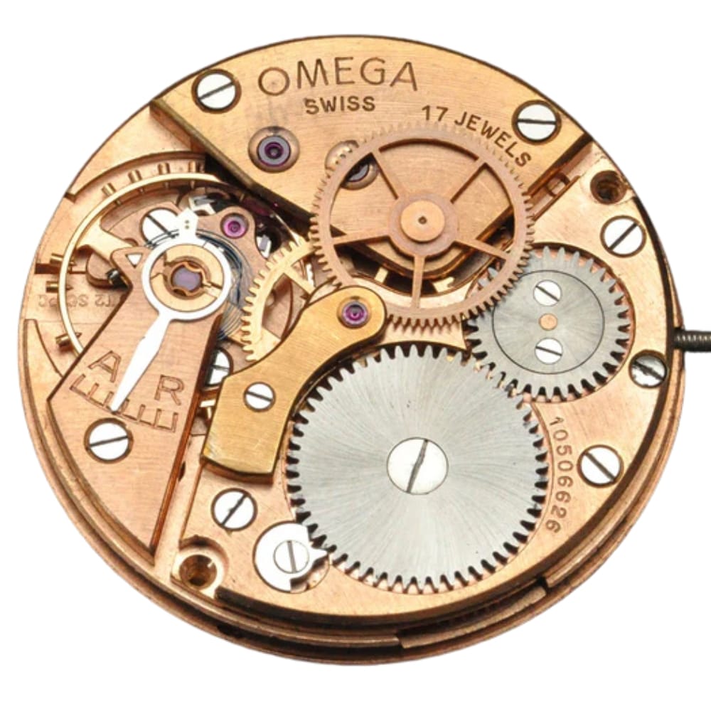 Close-up of an Omega watch movement, showcasing the intricate gears, jewels, and engraved markings of the renowned Omega 30T2 SC.