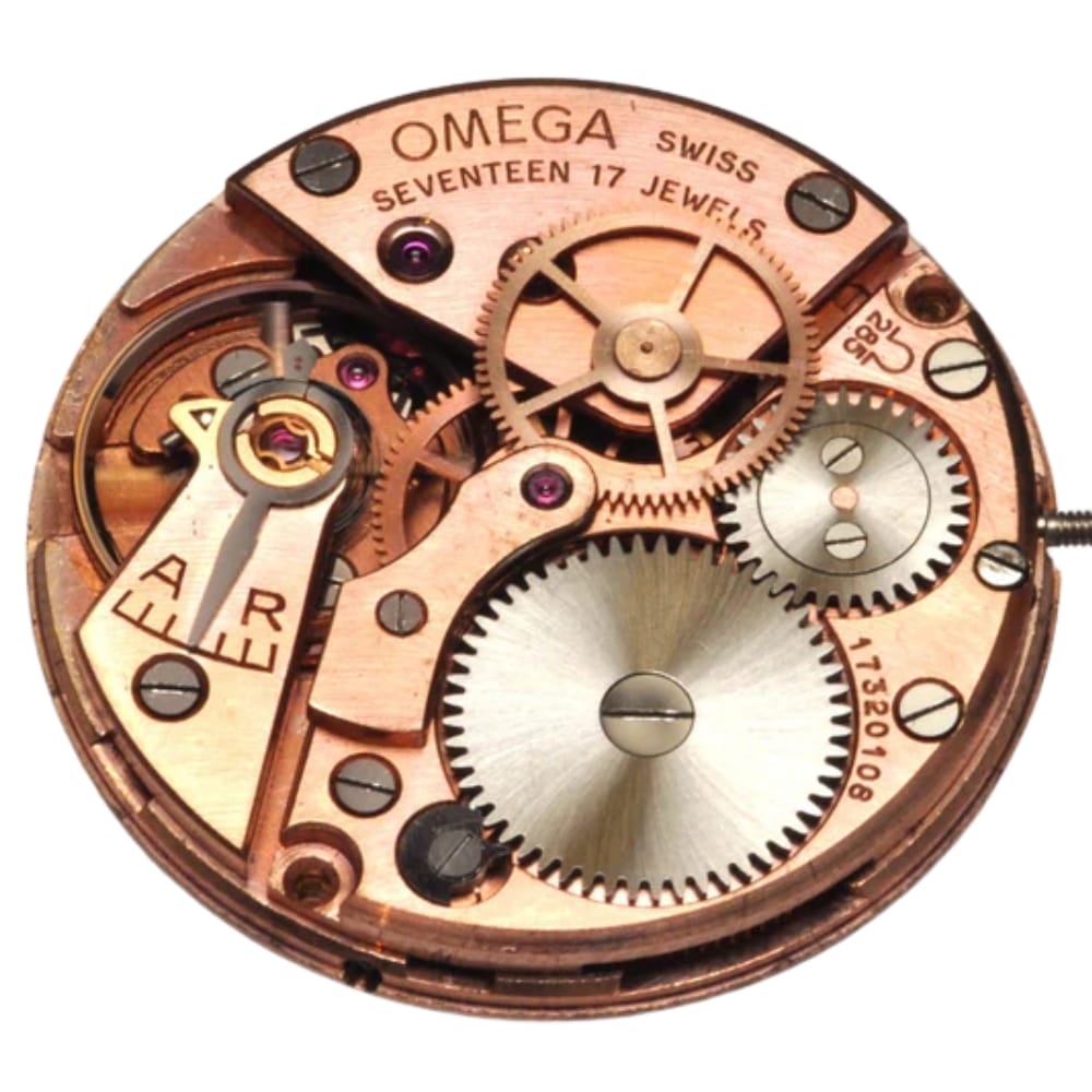 Close-up of an Omega Swiss watch movement showing gears, cogs, and engraved markings.