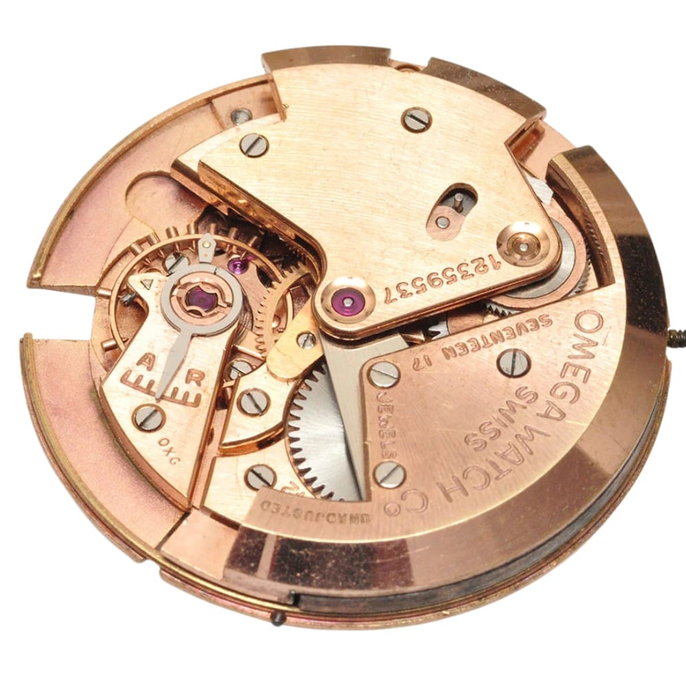 Close-up of a vintage Omega watch movement with visible gears, cogs, and engraved serial numbers.