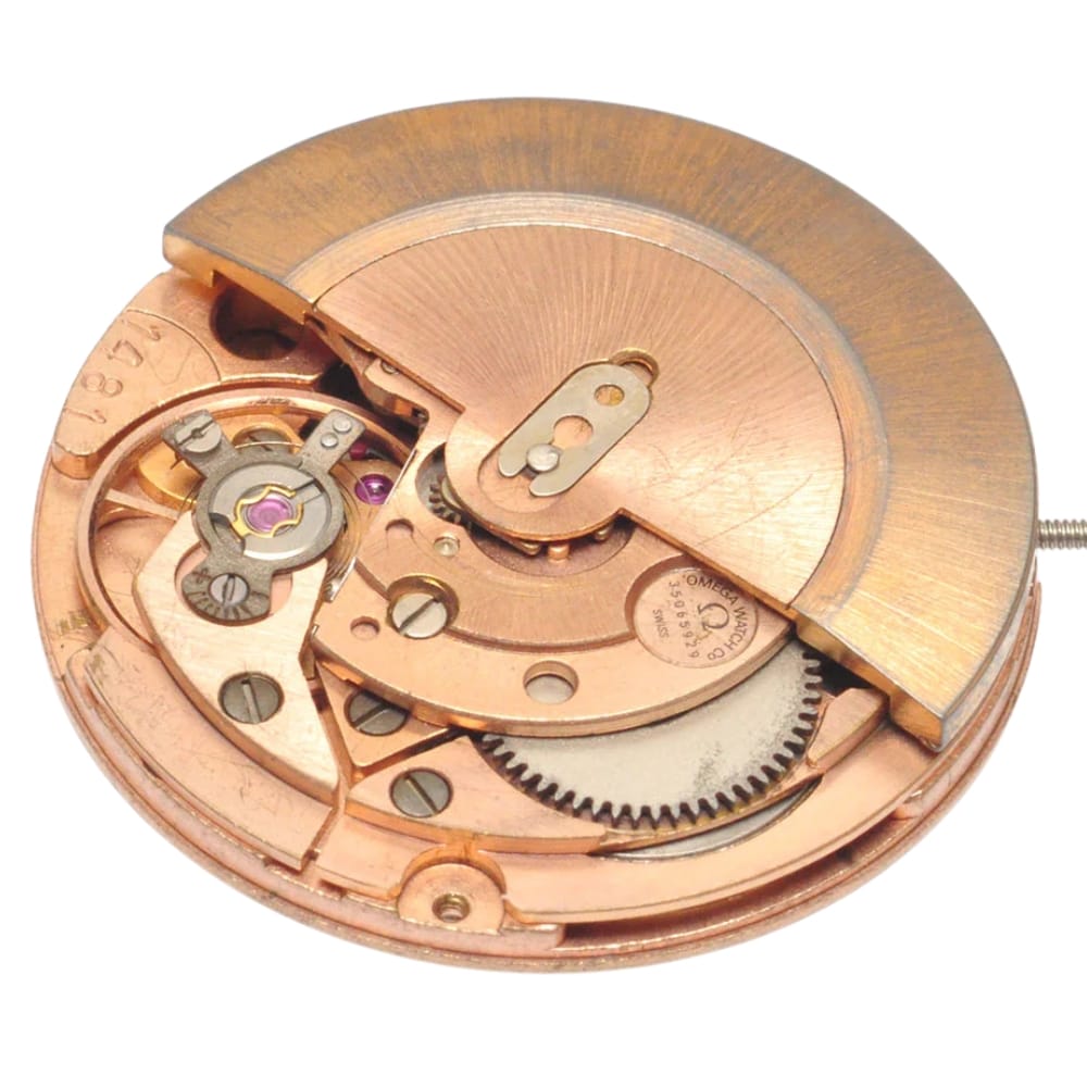 Close-up of a copper-colored mechanical watch movement with visible gears and intricate parts.