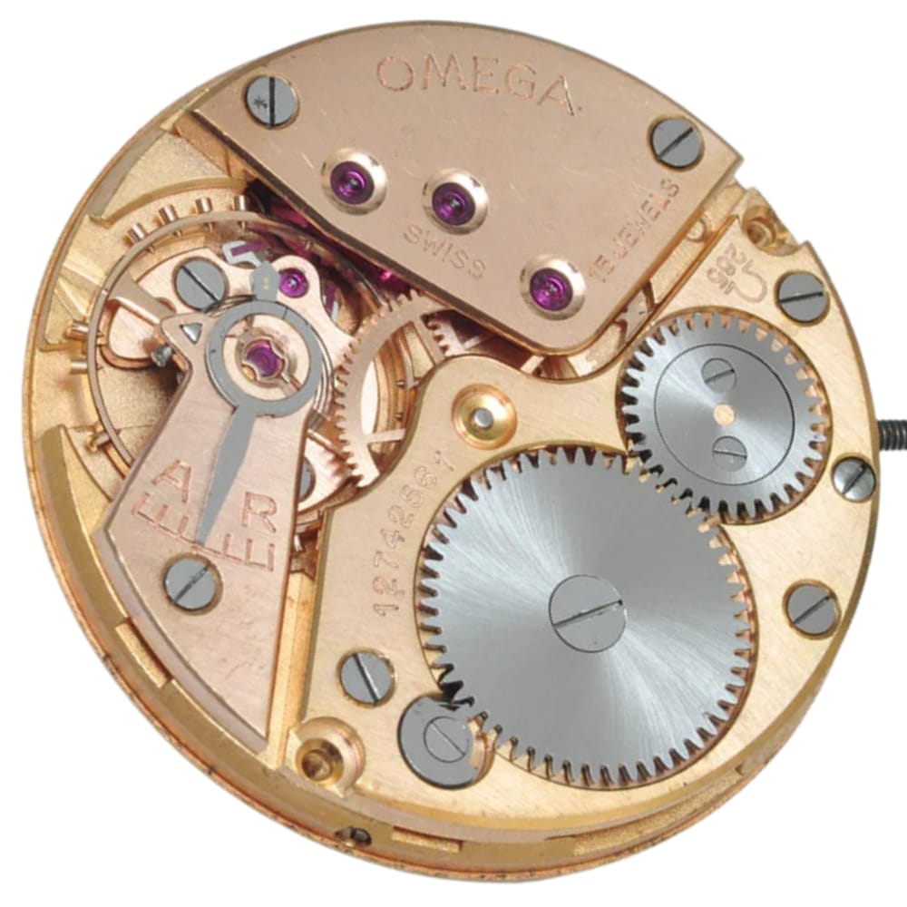Close-up of an Omega Swiss watch movement showing gears, screws, and engraved components.