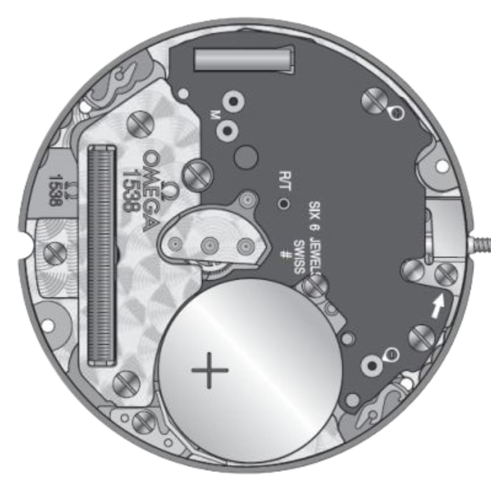 Diagram of an Omega 1538 watch movement, showing battery and labeled components in black and gray.