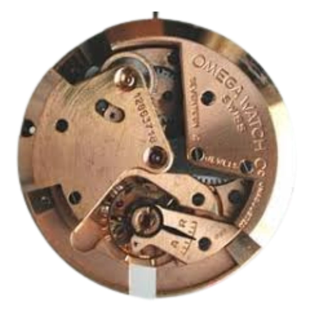 Close-up of an Omega watch movement showing intricate gears and engraved text on metal parts.