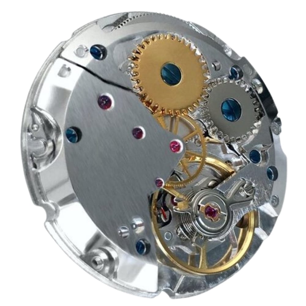 Close-up of a mechanical watch movement with visible gears, screws, and intricate metal components.