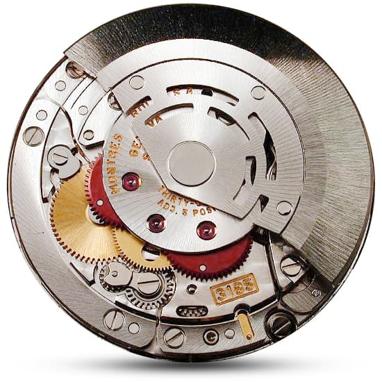 Close-up of a mechanical watch movement showing gears, screws, and intricate metal components.
