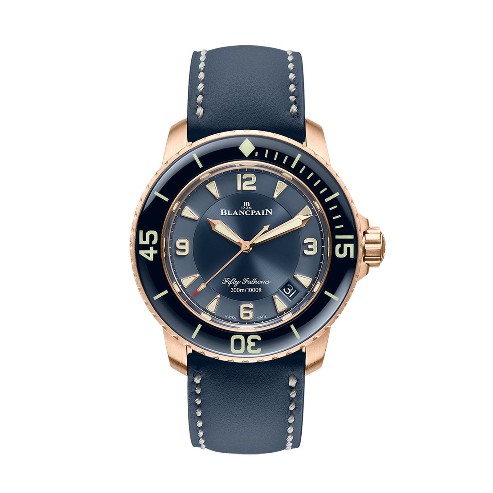 A luxury Blancpain Fifty Fathoms 5015-3603C-63B dive watch featuring a blue dial, gold case, and blue leather strap.