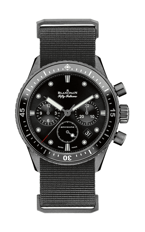 A black Blancpain Fifty Fathoms luxury watch, reference 5200-0130-NABA, featuring three subdials and a fabric strap.