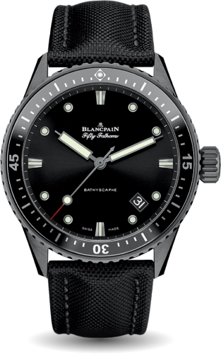 A luxury watch, the Blancpain Fifty Fathoms Bathyscaphe 5000-0130-B52A features a black strap with luminous hands and markers for timeless elegance.