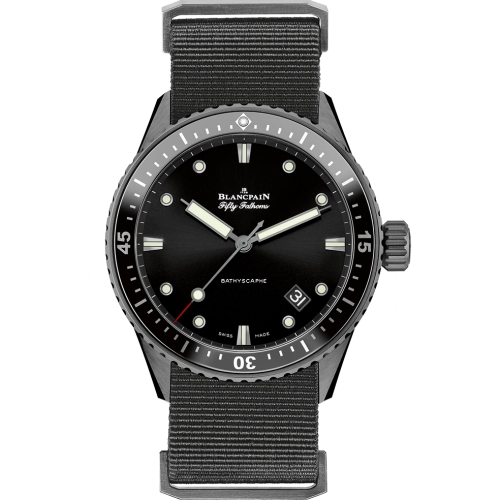 Black Blancpain Fifty Fathoms luxury watch, model 5000-0130-NABA, with a black strap, white markers, and rotating bezel, displayed on a white background.