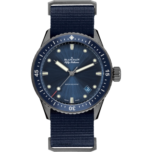A blue Blancpain Fifty Fathoms 5000-0240-NAOA luxury dive watch with a fabric strap, luminous markers, and a rotating bezel.