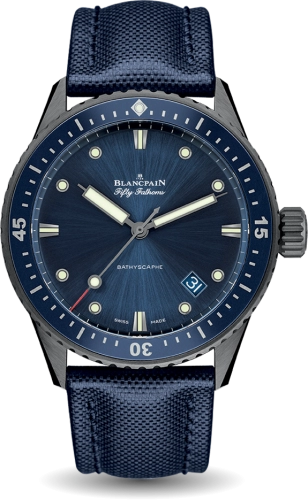 The Blancpain Fifty Fathoms Bathyscaphe luxury dive watch (5000-0240-O52A) features a striking blue dial, bezel, and strap, with a date display at 4:30 for sophisticated underwater style.