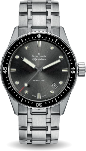 The Blancpain Fifty Fathoms Bathyscaphe 5000-1110-70B is a luxury watch in silver with a black dial, metal bracelet, and date display at 4 o’clock.