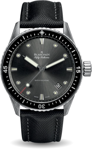 A Blancpain Fifty Fathoms Bathyscaphe 5000-1110-B52A watch featuring a black dial, black bezel, and sleek black fabric strap.