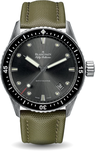A Blancpain Fifty Fathoms luxury watch featuring a black dial, olive green strap, and silver markers—model 5000-1110-K52A.