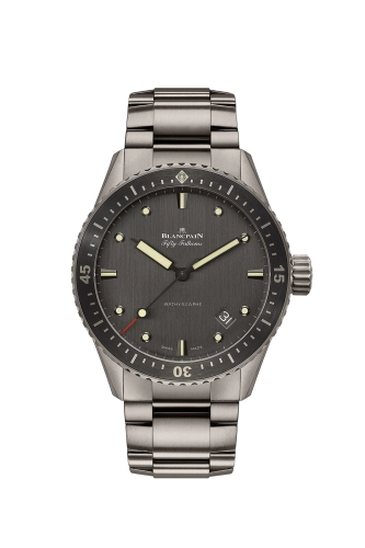 Stainless steel Blancpain Fifty Fathoms wristwatch with black dial and metal bracelet, displaying time at 10:09—a true luxury watch. Model: 5000-1210-98S.